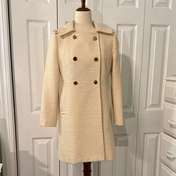 Milly Cream Double-Breasted Trench Coat 100% Wool Sz 6 - Picture 1 of 10